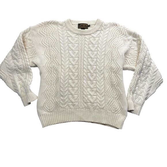 Eddie Bauer Large Cream Sweater Cable Knit 100% Cotton Crew Neck (read) - Picture 1 of 6